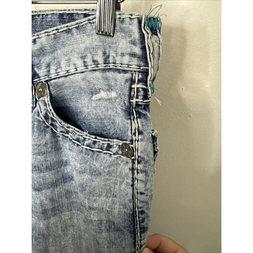 True Religion Men 30X33 Slim Blue Stitch Denim Jeans Stone Wash Distressed‎